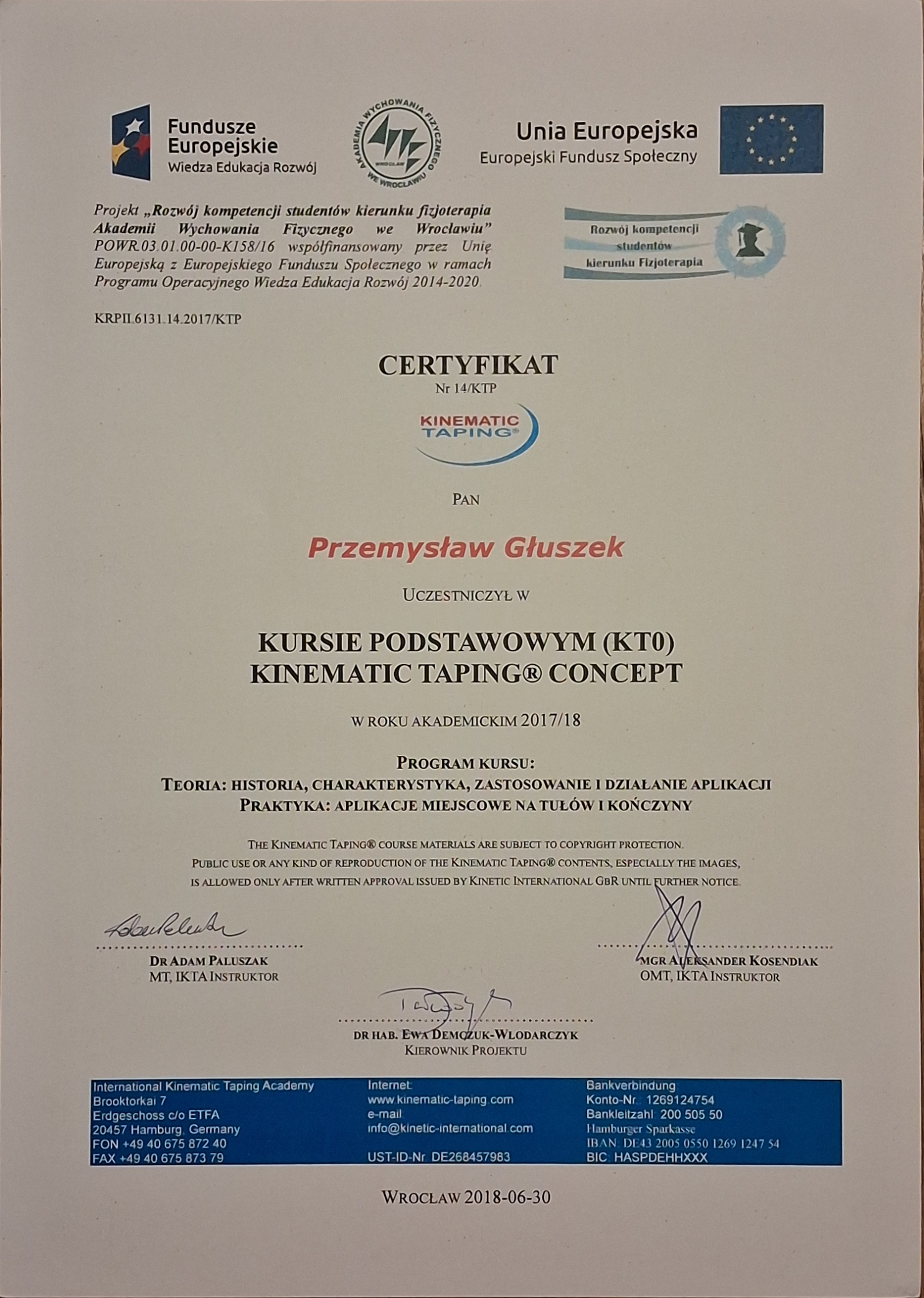 Certyfikat terapii manualnej